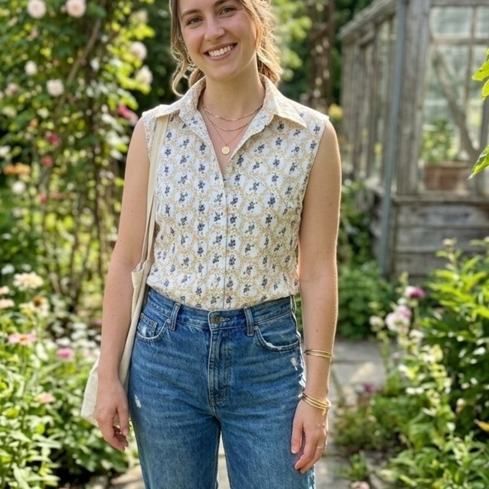 Vintage 70s Sears Sleeveless Button Down Sleeveless Blouse Folk Novelty Print